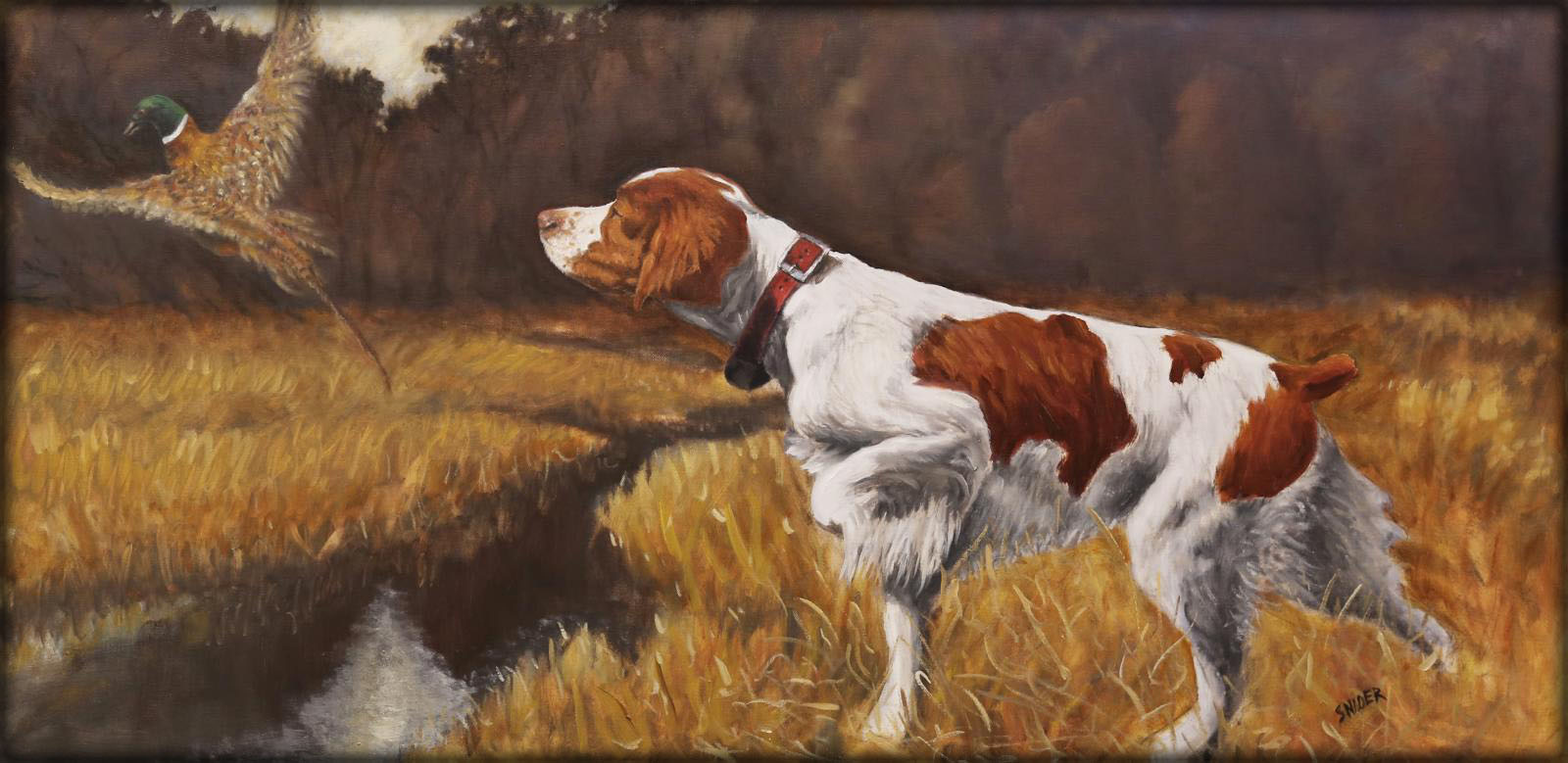 Oil portrait of Brittany on point and pheasant in flight by artist Larry Snider